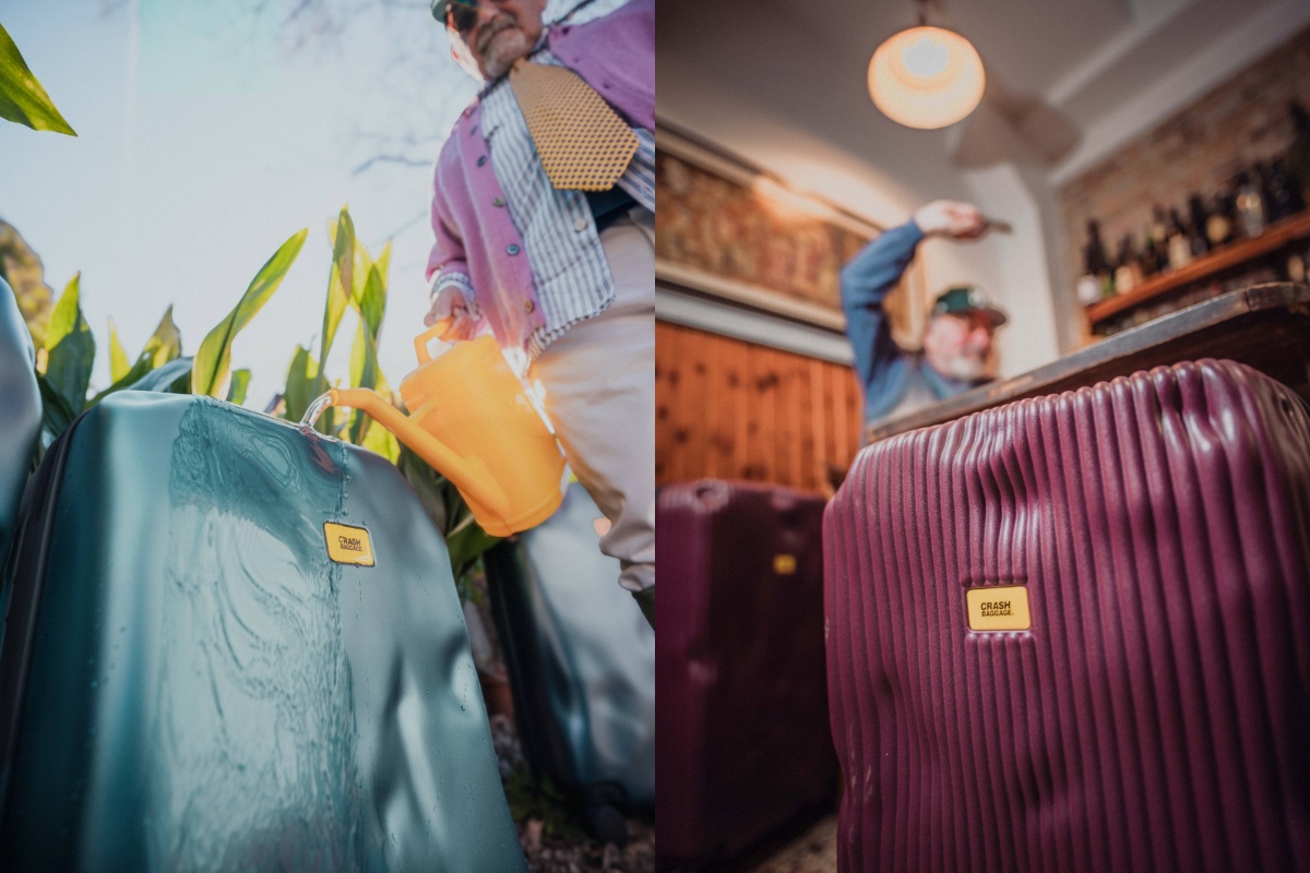 這次不搞怪？來自義大利威尼斯，以搶眼凹痕設計為標誌，推廣迷路與誤點的搞怪時髦行李箱品牌CRASH BAGGAGE推出2026春季新色！比起充斥精緻亮麗的模特的形象素材，CRASH BAGGAGE打破時尚常規，找來了兩位老先生（Roberto 和 Marino）來詮釋這次的新色：「金屬苔蘚」與「葡萄汁」。