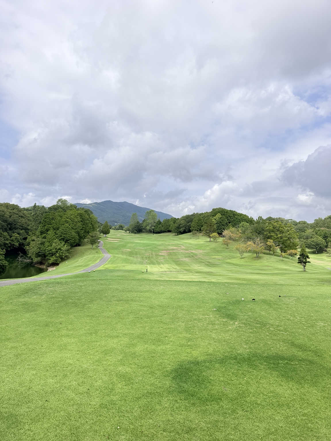 愛媛ゴルフ倶楽部・內子球場｜開闊球道與左側水池景觀。