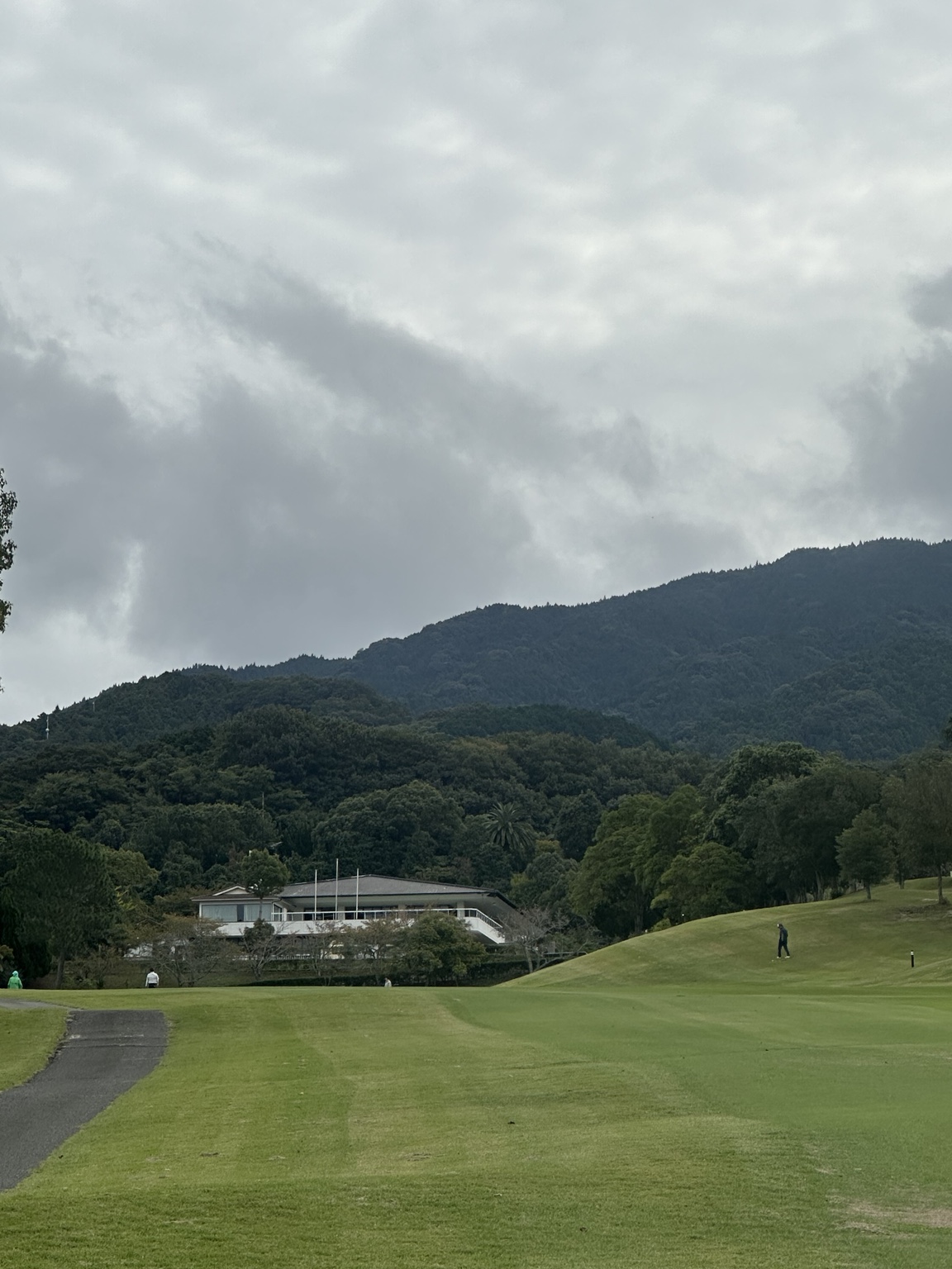 北条カントリー倶楽部|沿球道望向會館與後方山林。